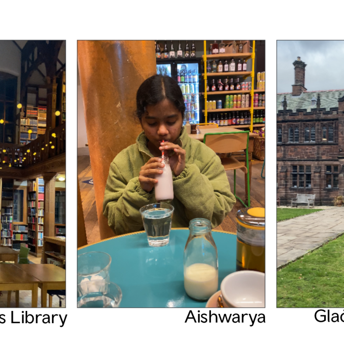 One image of inside Gladstone's Library, one image of Aishwarya, one image of outside Gladstone's Library
