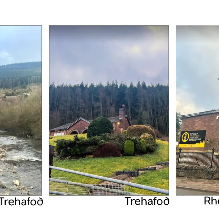 Two images of Trehafod countryside and one image of the Mining museum