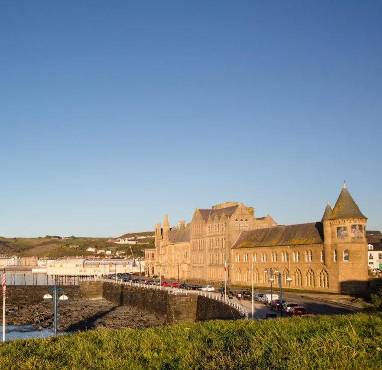 View of the Old College building of Aberystwyth University at Aberystwyth seafront.