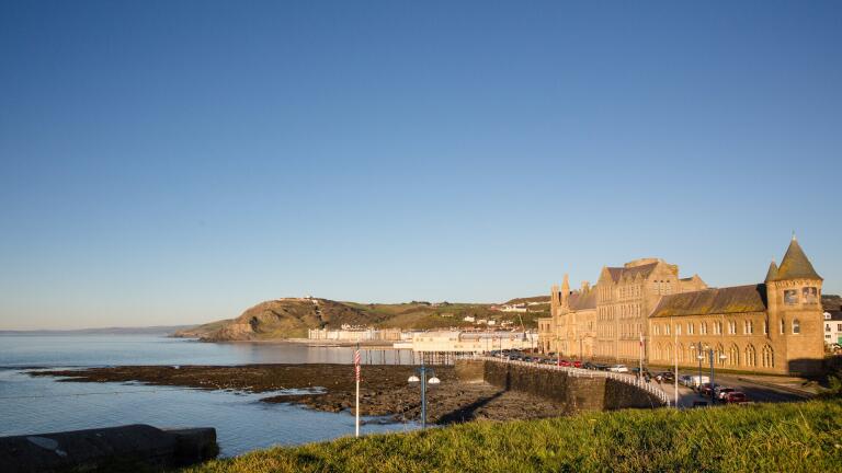 View of the Old College building of Aberystwyth University at Aberystwyth seafront.